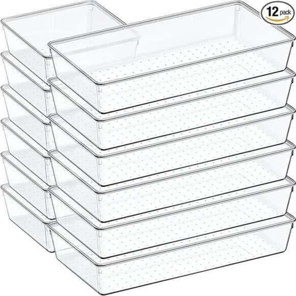 Clear drawer organizer set large plastic storage bins bathroom kitchen desk tray - Picture 7 of 7